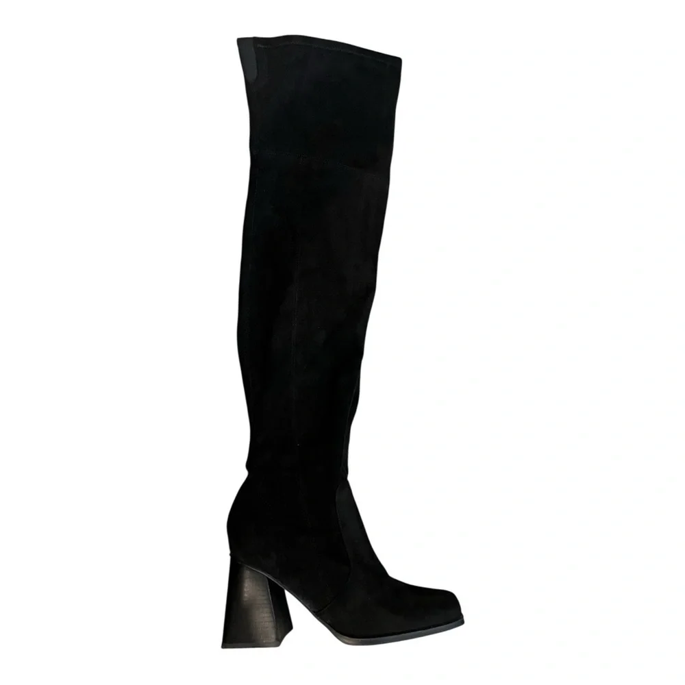 Nine West Black Stretch Over the Knee Boots Square Toe Block Heel Size 8 NWOT